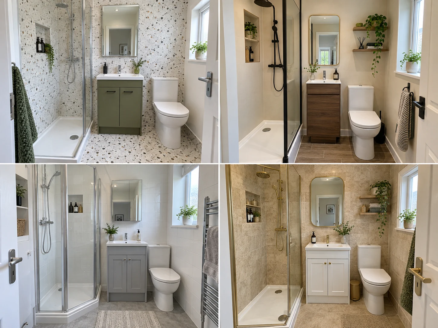 Compact shower room with white tiles, pale grey cupboards, chrome frame
