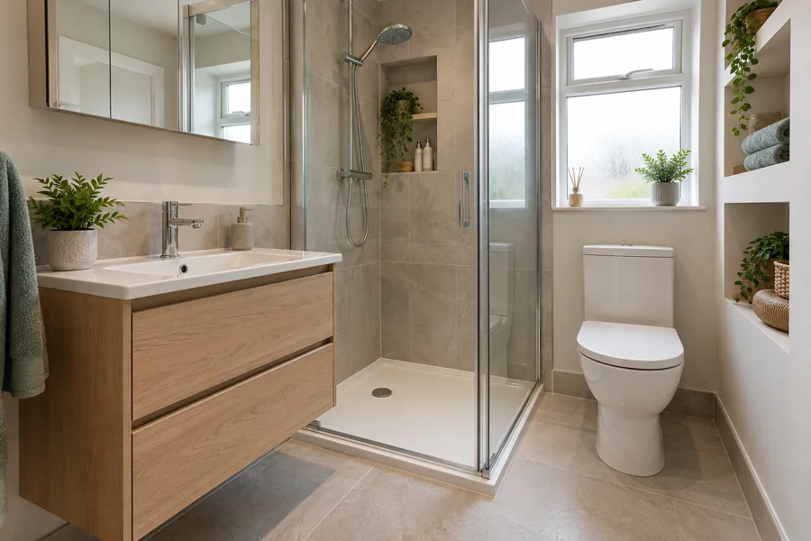 Clear basin surface and practical compact shower