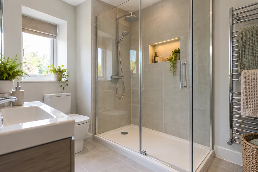 Shower controls, shelf and tidy easy-reach edges