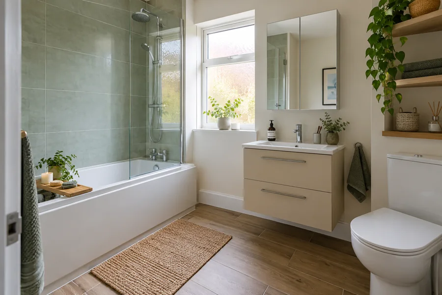 Well-placed mirror and shallow bathroom storage