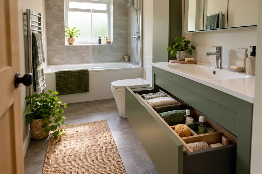 Useful vanity drawers clear of the room entrance